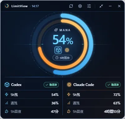LimitView の通常表示。Codex と Claude Code の利用枠の残り割合を二重リングで示し、下に5時間枠・週間枠の残りと回復までの時間を並べている
